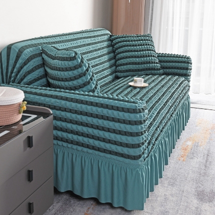 91家纺网 家纺一手货源 找家纺 （总）2025新款双色泡泡纱裙摆沙发套加厚全包弹力沙发罩高级简约裙摆一体式防滑防尘罩四季通用