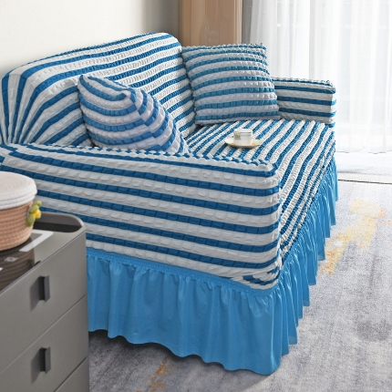 91家纺网 家纺一手货源 找家纺 （总）2025新款双色泡泡纱裙摆沙发套加厚全包弹力沙发罩高级简约裙摆一体式防滑防尘罩四季通用