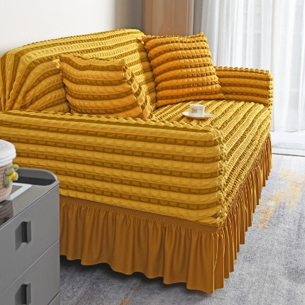 91家纺网 家纺一手货源 找家纺 （总）2025新款双色泡泡纱裙摆沙发套加厚全包弹力沙发罩高级简约裙摆一体式防滑防尘罩四季通用