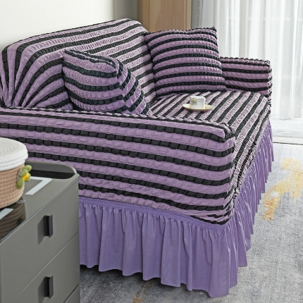 91家纺网 家纺一手货源 找家纺 （总）2025新款双色泡泡纱裙摆沙发套加厚全包弹力沙发罩高级简约裙摆一体式防滑防尘罩四季通用