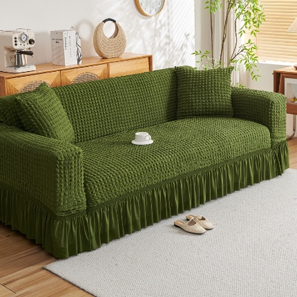 91家纺网 家纺一手货源 找家纺 （总）2025新款双色泡泡纱沙发套加厚裙摆款超弹全包懒人防滑沙发罩四季通用