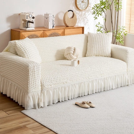 91家纺网 家纺一手货源 找家纺 （总）2025新款双色泡泡纱沙发套加厚裙摆款超弹全包懒人防滑沙发罩四季通用