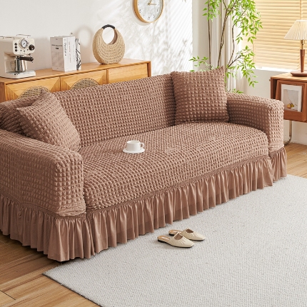 91家纺网 家纺一手货源 找家纺 （总）2025新款双色泡泡纱沙发套加厚裙摆款超弹全包懒人防滑沙发罩四季通用