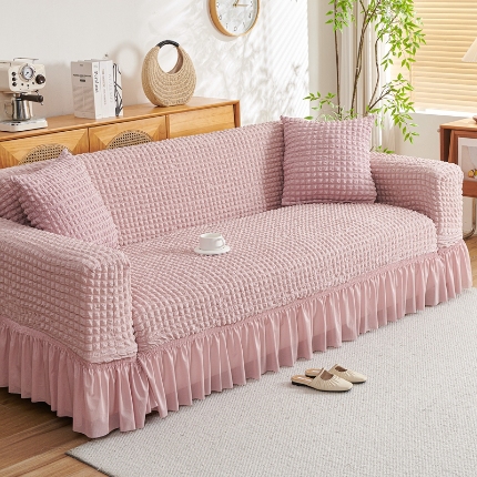 91家纺网 家纺一手货源 找家纺 （总）2025新款双色泡泡纱沙发套加厚裙摆款超弹全包懒人防滑沙发罩四季通用