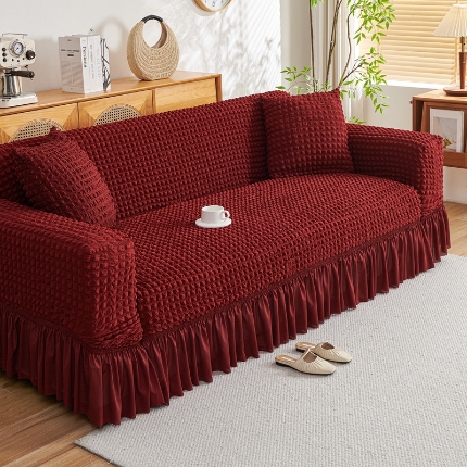 91家纺网 家纺一手货源 找家纺 （总）2025新款双色泡泡纱沙发套加厚裙摆款超弹全包懒人防滑沙发罩四季通用