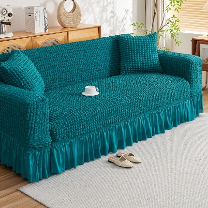 91家纺网 家纺一手货源 找家纺 （总）2025新款双色泡泡纱沙发套加厚裙摆款超弹全包懒人防滑沙发罩四季通用