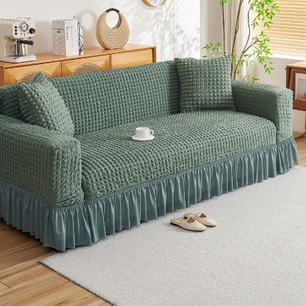 91家纺网 家纺一手货源 找家纺 （总）2025新款双色泡泡纱沙发套加厚裙摆款超弹全包懒人防滑沙发罩四季通用