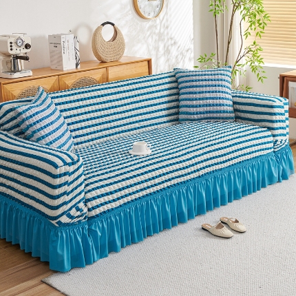 91家纺网 家纺一手货源 找家纺 （总）2025新款双色泡泡纱沙发套加厚裙摆款超弹全包懒人防滑沙发罩四季通用