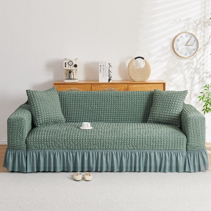 91家纺网 家纺一手货源 找家纺 （总）2025新款双色泡泡纱沙发套裙摆款超弹全包高级纯色沙发套一体式四季款