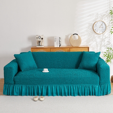 91家纺网 家纺一手货源 找家纺 （总）2025新款双色泡泡纱沙发套裙摆款超弹全包高级纯色沙发套一体式四季款