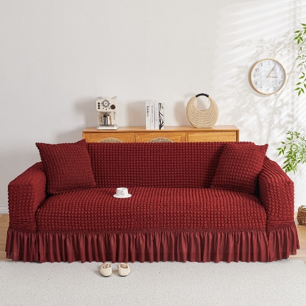 91家纺网 家纺一手货源 找家纺 （总）2025新款双色泡泡纱沙发套裙摆款超弹全包高级纯色沙发套一体式四季款