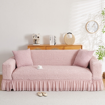 91家纺网 家纺一手货源 找家纺 （总）2025新款双色泡泡纱沙发套裙摆款超弹全包高级纯色沙发套一体式四季款