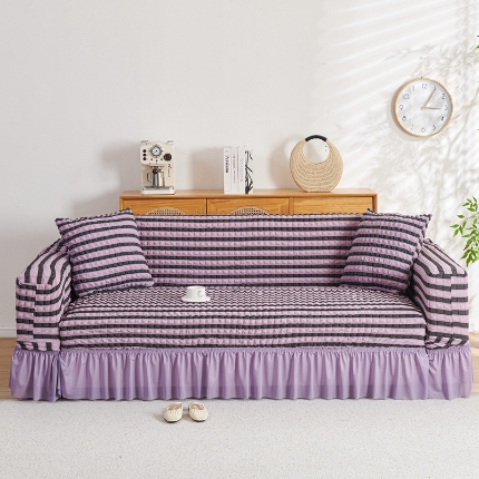 91家纺网 家纺一手货源 找家纺 （总）2025新款双色泡泡纱沙发套裙摆款超弹全包高级纯色沙发套一体式四季款