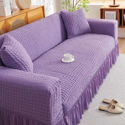 91家纺网 家纺一手货源 找家纺 （总）2025新款双色泡泡纱沙发套裙摆款超柔高弹力全包沙发罩防滑保护四季款沙发垫