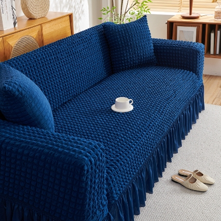 91家纺网 家纺一手货源 找家纺 （总）2025新款双色泡泡纱沙发套裙摆款超柔高弹力全包沙发罩防滑保护四季款沙发垫