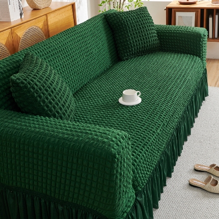 91家纺网 家纺一手货源 找家纺 （总）2025新款双色泡泡纱沙发套裙摆款超柔高弹力全包沙发罩防滑保护四季款沙发垫