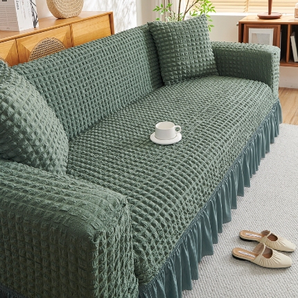 91家纺网 家纺一手货源 找家纺 （总）2025新款双色泡泡纱沙发套裙摆款超柔高弹力全包沙发罩防滑保护四季款沙发垫