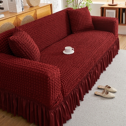 91家纺网 家纺一手货源 找家纺 （总）2025新款双色泡泡纱沙发套裙摆款超柔高弹力全包沙发罩防滑保护四季款沙发垫