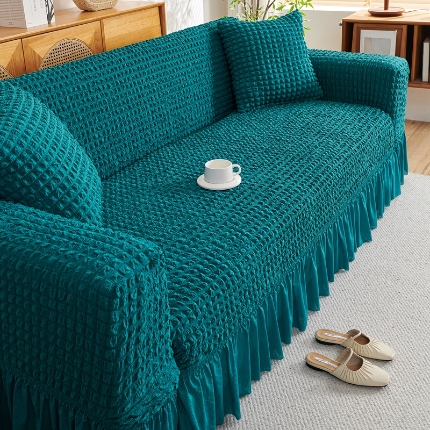 91家纺网 家纺一手货源 找家纺 （总）2025新款双色泡泡纱沙发套裙摆款超柔高弹力全包沙发罩防滑保护四季款沙发垫