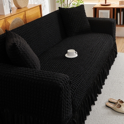 91家纺网 家纺一手货源 找家纺 （总）2025新款双色泡泡纱沙发套裙摆款超柔高弹力全包沙发罩防滑保护四季款沙发垫