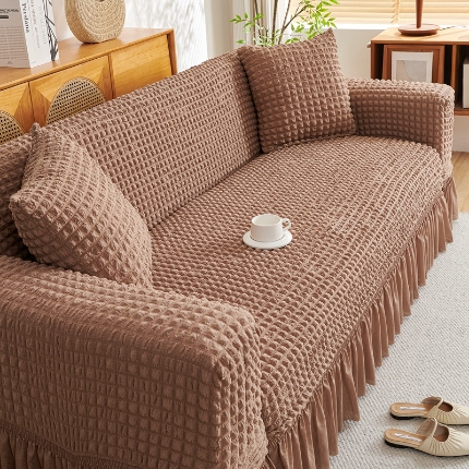 91家纺网 家纺一手货源 找家纺 （总）2025新款双色泡泡纱沙发套裙摆款超柔高弹力全包沙发罩防滑保护四季款沙发垫