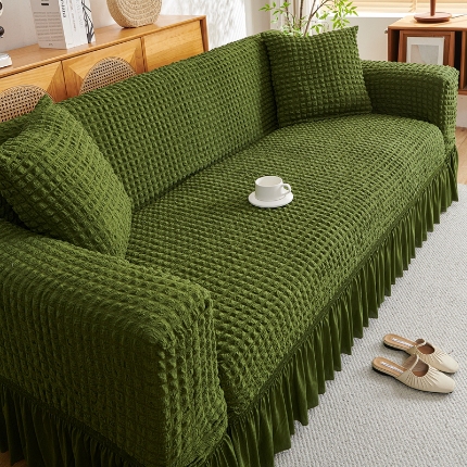 91家纺网 家纺一手货源 找家纺 （总）2025新款双色泡泡纱沙发套裙摆款超柔高弹力全包沙发罩防滑保护四季款沙发垫