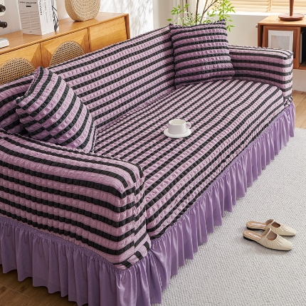 91家纺网 家纺一手货源 找家纺 （总）2025新款双色泡泡纱沙发套裙摆款超柔高弹力全包沙发罩防滑保护四季款沙发垫