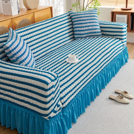 91家纺网 家纺一手货源 找家纺 （总）2025新款双色泡泡纱沙发套裙摆款超柔高弹力全包沙发罩防滑保护四季款沙发垫