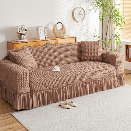 91家纺网 家纺一手货源 找家纺 （总）2025新款双色泡泡纱沙发套裙摆款超柔高弹力纯色奢华单双人沙发罩四季通用