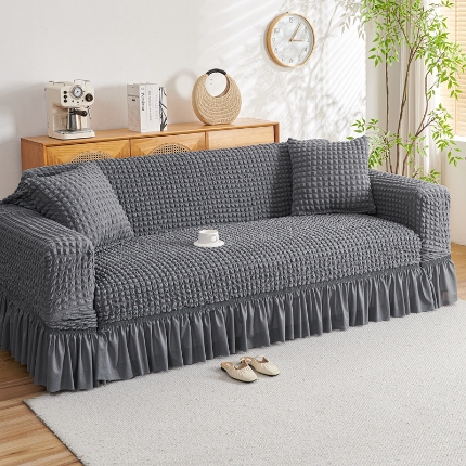 91家纺网 家纺一手货源 找家纺 （总）2025新款双色泡泡纱沙发套裙摆款超柔高弹力纯色奢华单双人沙发罩四季通用