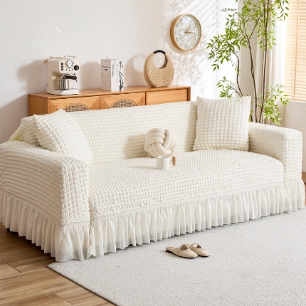 91家纺网 家纺一手货源 找家纺 （总）2025新款双色泡泡纱沙发套裙摆款超柔高弹力纯色奢华单双人沙发罩四季通用