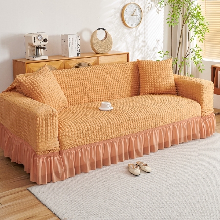 91家纺网 家纺一手货源 找家纺 （总）2025新款双色泡泡纱沙发套裙摆款超柔高弹力纯色奢华单双人沙发罩四季通用