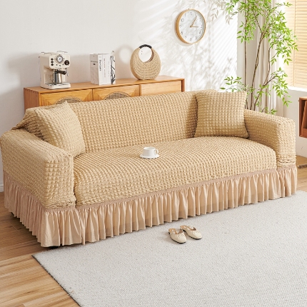 91家纺网 家纺一手货源 找家纺 （总）2025新款双色泡泡纱沙发套裙摆款超柔高弹力纯色奢华单双人沙发罩四季通用