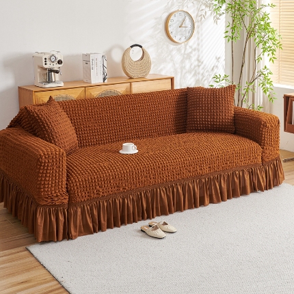 91家纺网 家纺一手货源 找家纺 （总）2025新款双色泡泡纱沙发套裙摆款超柔高弹力纯色奢华单双人沙发罩四季通用