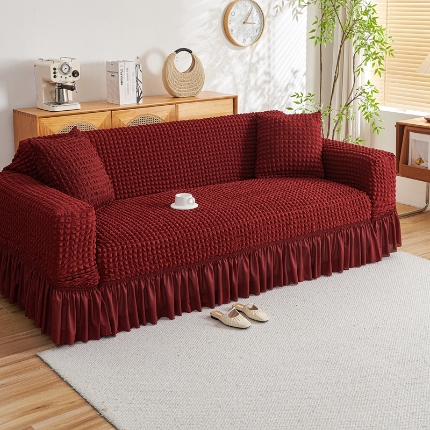 91家纺网 家纺一手货源 找家纺 （总）2025新款双色泡泡纱沙发套裙摆款超柔高弹力纯色奢华单双人沙发罩四季通用