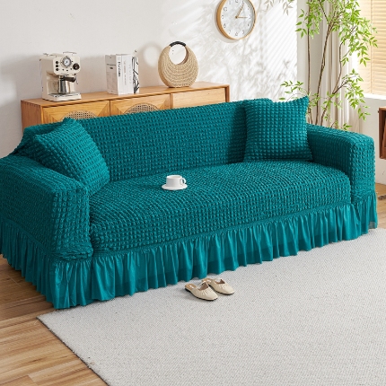 91家纺网 家纺一手货源 找家纺 （总）2025新款双色泡泡纱沙发套裙摆款超柔高弹力纯色奢华单双人沙发罩四季通用