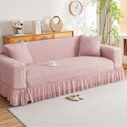 91家纺网 家纺一手货源 找家纺 （总）2025新款双色泡泡纱沙发套裙摆款超柔高弹力纯色奢华单双人沙发罩四季通用