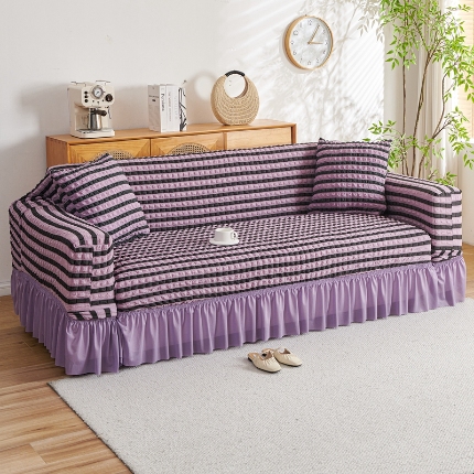 91家纺网 家纺一手货源 找家纺 （总）2025新款双色泡泡纱沙发套裙摆款超柔高弹力纯色奢华单双人沙发罩四季通用