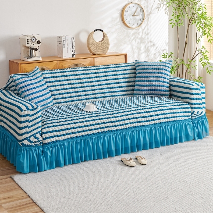 91家纺网 家纺一手货源 找家纺 （总）2025新款双色泡泡纱沙发套裙摆款超柔高弹力纯色奢华单双人沙发罩四季通用