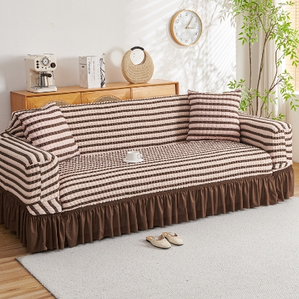 91家纺网 家纺一手货源 找家纺 （总）2025新款双色泡泡纱沙发套裙摆款超柔高弹力纯色奢华单双人沙发罩四季通用