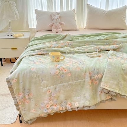 91家纺网 家纺一手货源 找家纺 （总）【苏东来】2025高端韩版皱皱花边母婴级印花全棉双层纱夏被清新公主风法式蕾丝花边纯棉双层纱夏凉被空调被春秋被