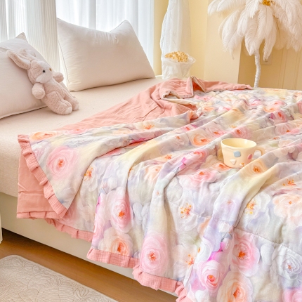 （总）【苏东来】2025高端韩版皱皱花边母婴级印花全棉双层纱夏被清新公主风法式蕾丝花边纯棉双层纱夏凉被空调被春秋被