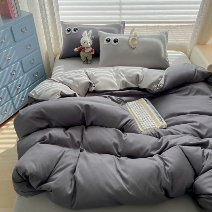 91家纺网 家纺一手货源 找家纺 （总）（有买家秀）2025新款萌趣大眼睛毛巾绣水洗棉纯色双拼四件套少女多巴胺韩系床品套件