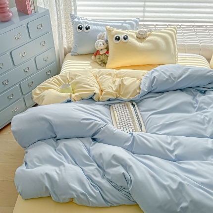 91家纺网 家纺一手货源 找家纺 （总）（有买家秀）2025新款萌趣大眼睛毛巾绣水洗棉纯色双拼四件套少女多巴胺韩系床品套件