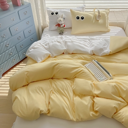 91家纺网 家纺一手货源 找家纺 （总）（有买家秀）2025新款萌趣大眼睛毛巾绣水洗棉纯色双拼四件套少女多巴胺韩系床品套件