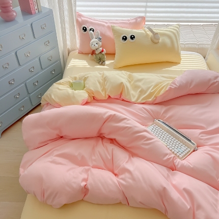 91家纺网 家纺一手货源 找家纺 （总）（有买家秀）2025新款萌趣大眼睛毛巾绣水洗棉纯色双拼四件套少女多巴胺韩系床品套件