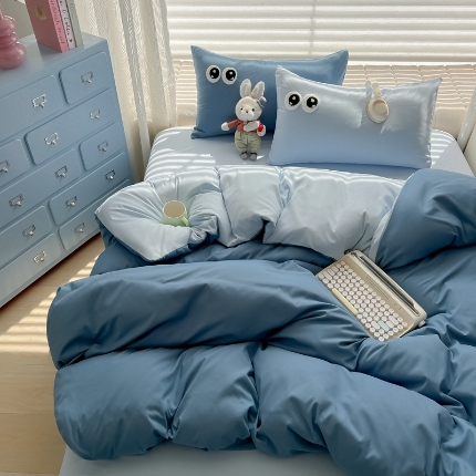 （总）（有买家秀）2025新款萌趣大眼睛毛巾绣水洗棉纯色双拼四件套少女多巴胺韩系床品套件