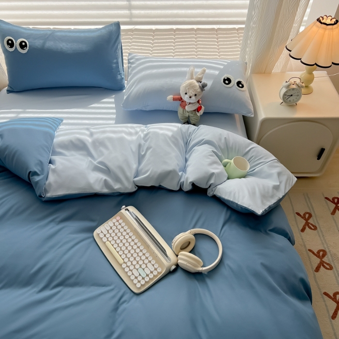 91家纺网 家纺一手货源 找家纺 （总）（有买家秀）2025新款萌趣大眼睛毛巾绣水洗棉纯色双拼四件套少女多巴胺韩系床品套件