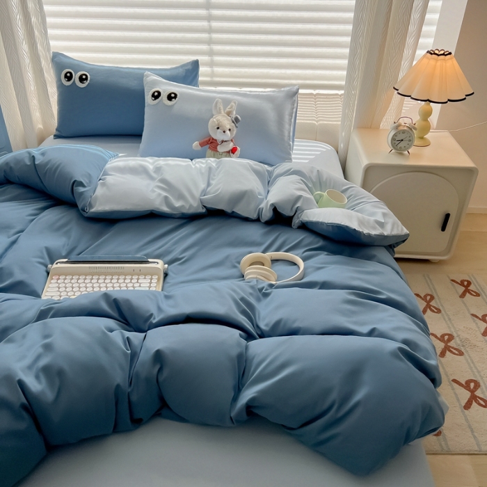 91家纺网 家纺一手货源 找家纺 （总）（有买家秀）2025新款萌趣大眼睛毛巾绣水洗棉纯色双拼四件套少女多巴胺韩系床品套件