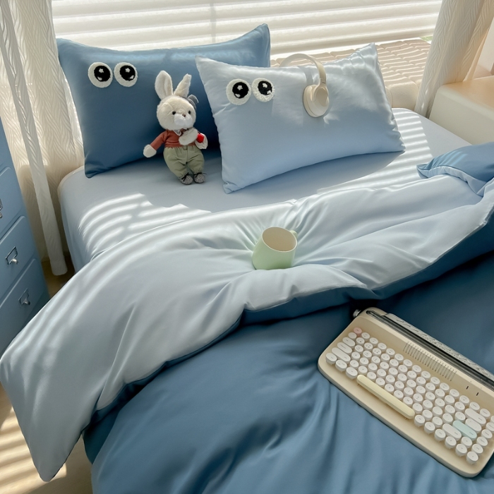 91家纺网 家纺一手货源 找家纺 （总）（有买家秀）2025新款萌趣大眼睛毛巾绣水洗棉纯色双拼四件套少女多巴胺韩系床品套件